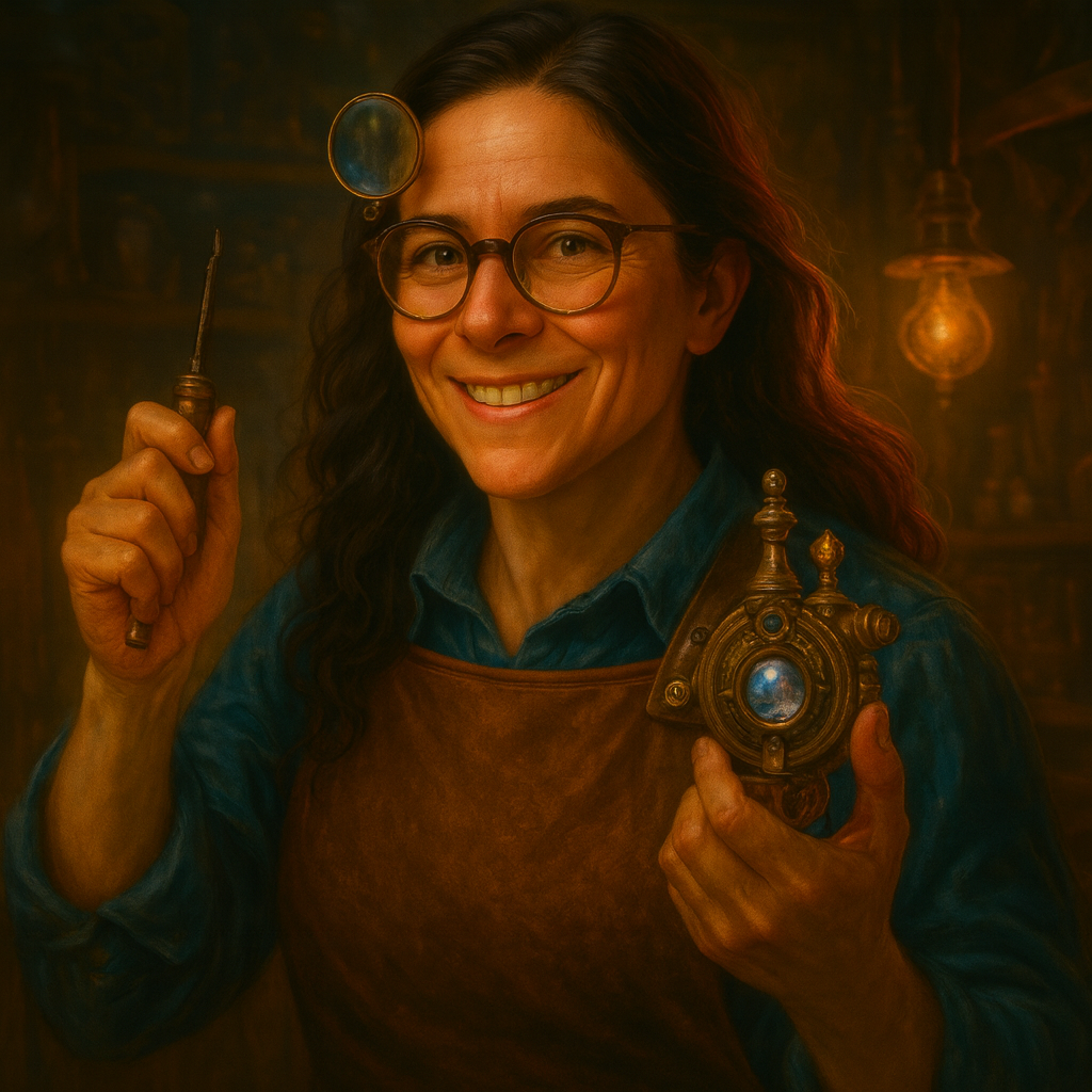 Sheena — nerdy coder portrait in copper with gold code